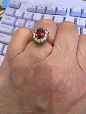 Classic Halo Red Gemstone Ring with Clear Accent Stones